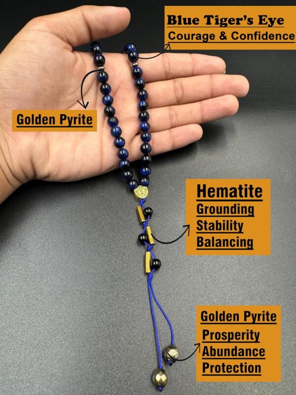 REBUY Blue Tiger Eye Tasbih & Hematite, Golden Pyrite Stone 33 Beads | Natural Healing Crystal Gemstone Islamic Tasbeeh for Meditation | Helps to Boost Courage & Confidence, Grounding & Stability - Image 4