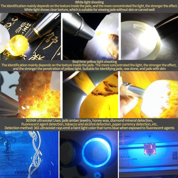 YZYOE LED Three Switches Three Light Sources Jade Identification Flashlight, New Multifunctional Gemstone Mineral Detection Light, White Light, Yellow Light, and 365nm Ultraviolet Query Mini Light. - Image 3