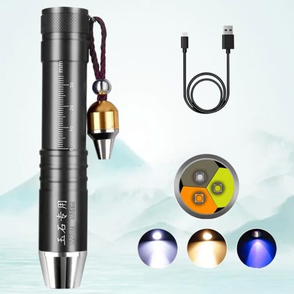 LED Three Light Sources Rechargeable Jade Appraisal Flashlight, Jewelry Identification Pen Lamp, Outdoor Crystal Gemstone Detection Light, 365nm Ultraviolet Rays Detector, Anti-counterfeiting Query. - Image 2