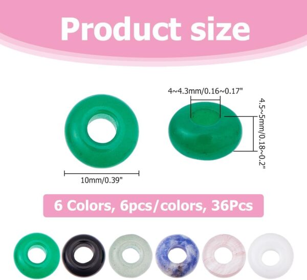 Hobbspring 36Pcs 6 Colors Large Hole Stone Beads 10mm Natural Gemstone Beads Rondelle European Loose Beads Donut Crystal Stone Beads for DIY Earring Braiding Hair Cotton Weaving Crafts - Image 3