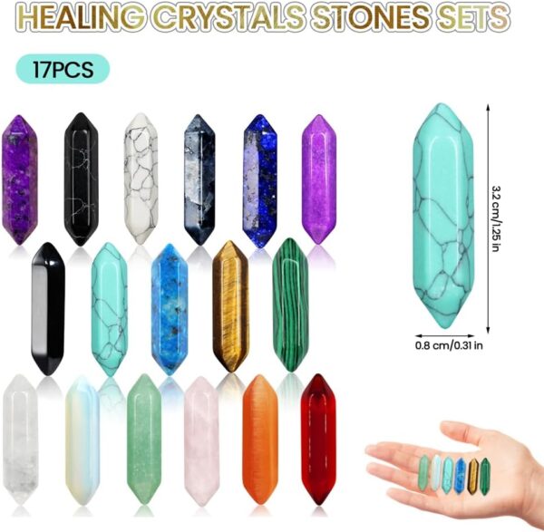 YARDHOBI 17 Pcs Healing Crystals Stones Sets, Hexagonal Bullet Shaped Reiki Meditation Gemstone, Chakra Stones, Tiger Eye Obsidian Quartz Crystals Gemstone Wand Set Pendants, Meditation Therapy Gift - Image 6