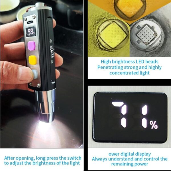 YZYOE LED Three Switches Three Light Sources Jade Identification Flashlight, New Multifunctional Gemstone Mineral Detection Light, White Light, Yellow Light, and 365nm Ultraviolet Query Mini Light. - Image 4