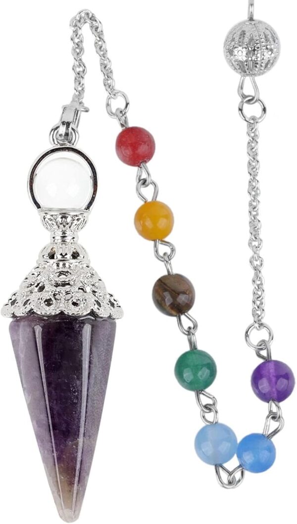 Azonee Natural Healing Crystals 7 Chakra Amethyst Pendulum, Crystals and Gemstones Pendulum Board for Dowsing, Scrying, Reiki Healing Balance Meditation Divination Crystal Pendant Set - Image 2