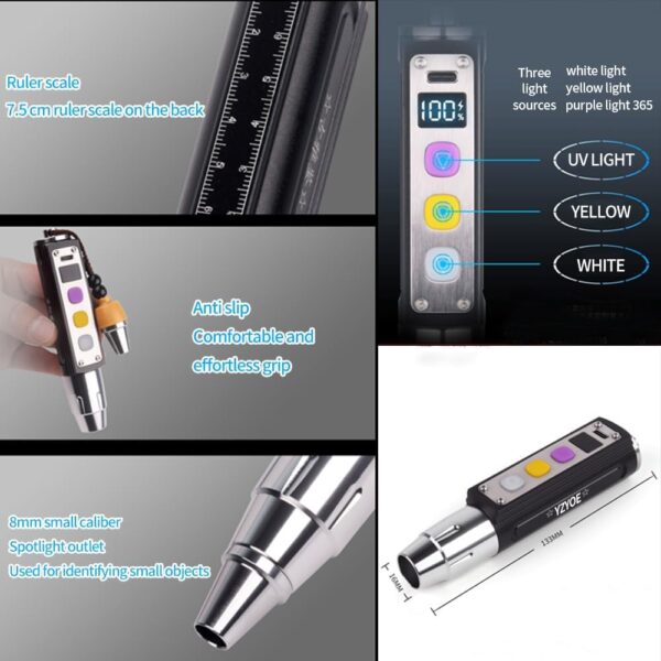 YZYOE LED Three Switches Three Light Sources Jade Identification Flashlight, New Multifunctional Gemstone Mineral Detection Light, White Light, Yellow Light, and 365nm Ultraviolet Query Mini Light. - Image 5