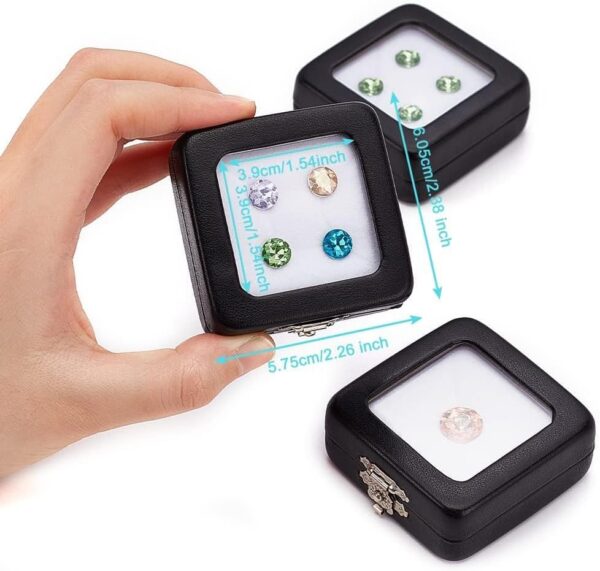 Tazweeq PU Leather Gemstone Display Box,Black Jewelry Diamond Box Case with Clear Clasp Lid and Velvet Pad for Favor Decor,Gems,Coins,Jewelry Packing - Image 3