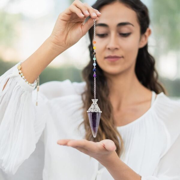 Azonee Natural Healing Crystals 7 Chakra Amethyst Pendulum, Crystals and Gemstones Pendulum Board for Dowsing, Scrying, Reiki Healing Balance Meditation Divination Crystal Pendant Set - Image 6