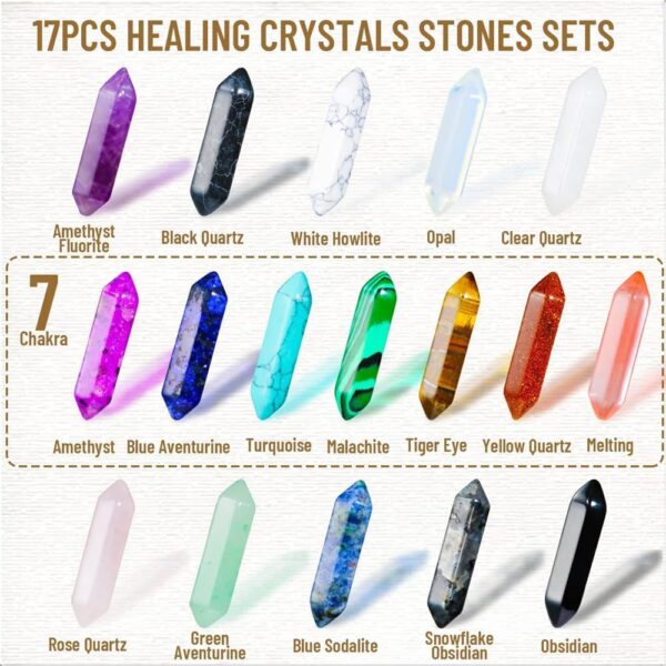 YARDHOBI 17 Pcs Healing Crystals Stones Sets, Hexagonal Bullet Shaped Reiki Meditation Gemstone, Chakra Stones, Tiger Eye Obsidian Quartz Crystals Gemstone Wand Set Pendants, Meditation Therapy Gift - Image 3