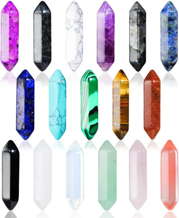 YARDHOBI 17 Pcs Healing Crystals Stones Sets, Hexagonal Bullet Shaped Reiki Meditation Gemstone, Chakra Stones, Tiger Eye Obsidian Quartz Crystals Gemstone Wand Set Pendants, Meditation Therapy Gift - Image 2