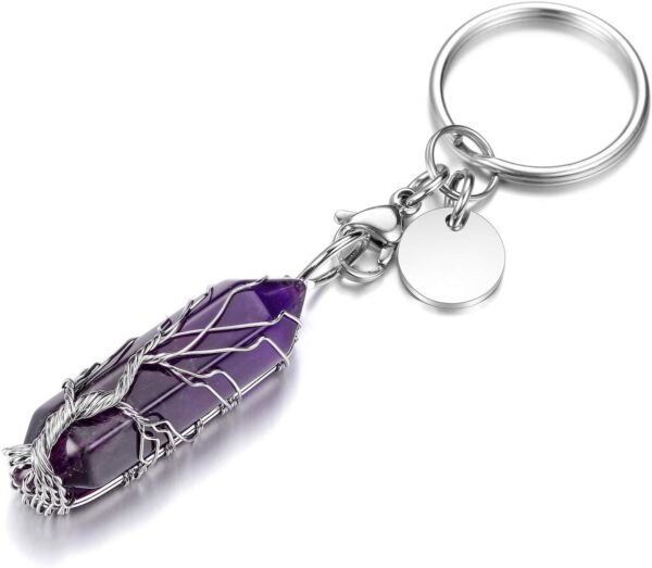 MANIFO Life Tree Wire Wrapped Crystals Keyring Healing Stones Hexagonal Crystal Gemstone Points Pendant Keychain - Image 2