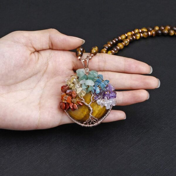 Top Plaza 7 Chakra Healing Crystal Natural Round Gemstone Pendant Necklace Life Tree Copper Wire Wrapped Beads Necklaces Reiki Jewelry for Women - Image 5
