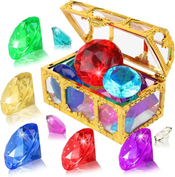 Diving Gem Pool, Toys 30 Colorful Big Diamond Gem with Treasure Pirate Chest Box Summer Underwater Acrylic Gemstones Set Underwater Swimming Toy for Pool Use Treasures Gift Sets for Kids Party Favors - Image 2