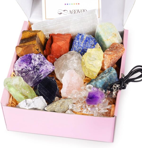 TERRIFI 17Pcs Crystals and Healing Stones, 14Pcs Real Raw Chakra Stones Set, Selenite Charging Plate, Amethyst Necklace, Rose Quartz, Gift Box, Guide for Beginners, Collection, Meditation, Yoga, Lady - Image 2