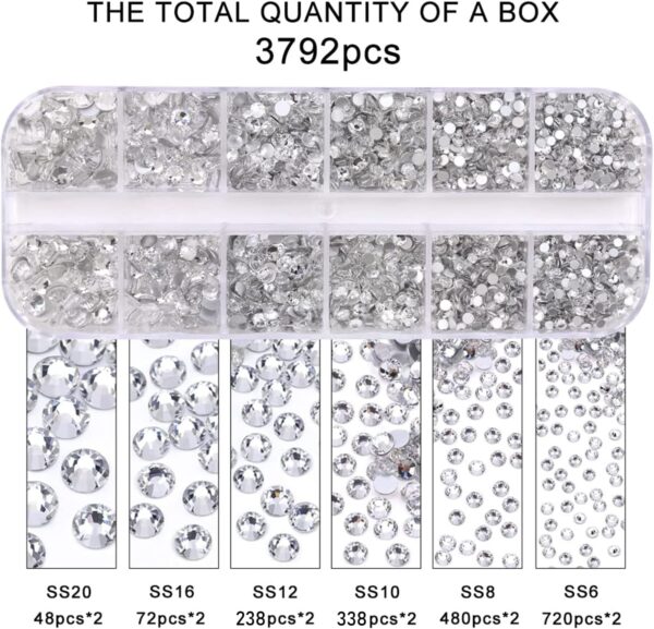 GAVIYE 3792 Pieces Flatback Rhinestones for Crafts,Nail Gems Gemstones Crystals Jewels,Craft Glass Diamonds Stones Bling Rhinestone with Tweezers and Picking Pen(SS6~SS20 Silver) - Image 7