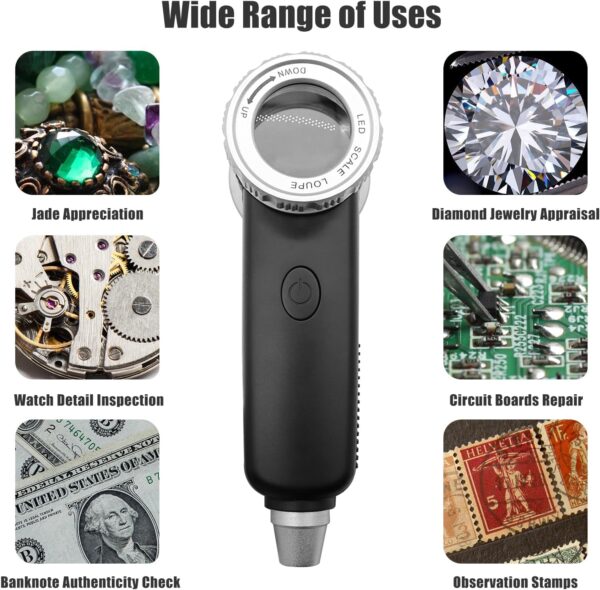 NALACAL 30X Jewelers Loupe, Rechargeable Illuminated Loupe Magnifier, Adjustable Focal Length, Designed for Jewelry Appraisal, Jade, Gemstones, Coins and Stamps (with Gemstone Intense Flashlight) - Image 6
