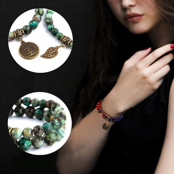 Natural Semi Precious Gemstone Beads Bracelet for Women - Tree of Life and Leaf Charm Chakra Energy Healing Anxiety Stretch Bracelets - Image 3