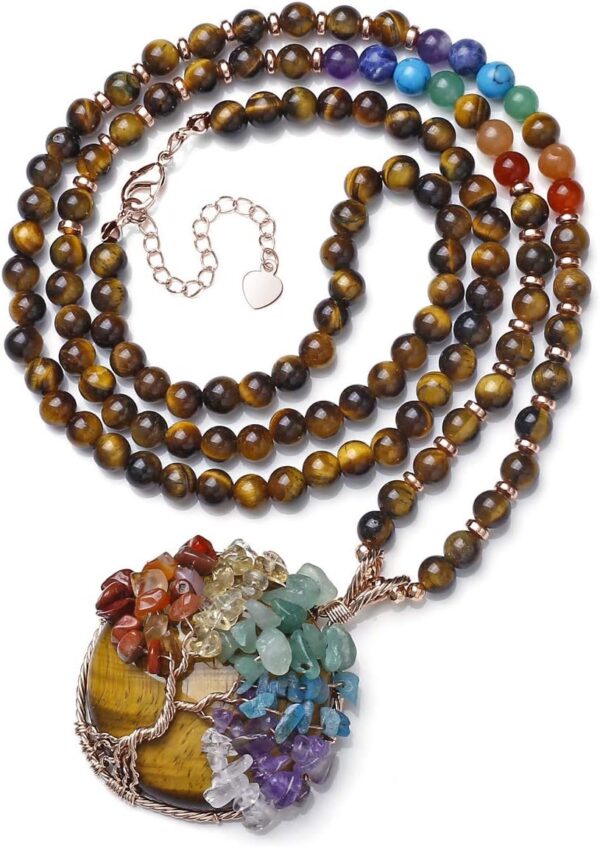 Top Plaza 7 Chakra Healing Crystal Natural Round Gemstone Pendant Necklace Life Tree Copper Wire Wrapped Beads Necklaces Reiki Jewelry for Women - Image 2