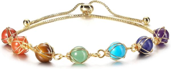 Azonee Chakra Stones Bracelet for Women, Natural Stone Bracelet with 14K Gold & 8mm Natural Round Gemstone Beads Reiki Crystal Bracelet Yoga Jewelry - Image 2