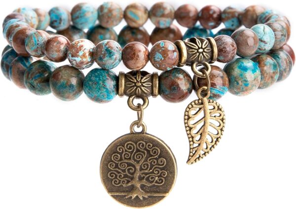 Natural Semi Precious Gemstone Beads Bracelet for Women - Tree of Life and Leaf Charm Chakra Energy Healing Anxiety Stretch Bracelets - Image 2