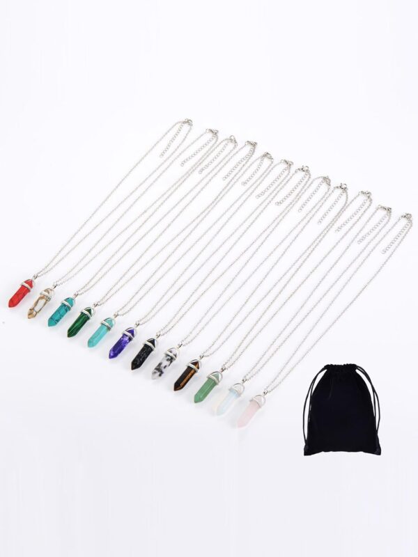 EBOOT 12 Pieces Hexagonal Chakra Crystal Bullet Shape Gemstone Pendant Necklaces Pointed Quartz Stone Chain Necklaces Artificial Stone with Storage Bag, Zinc - Image 8