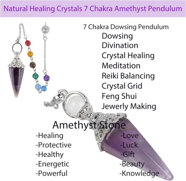 Azonee Natural Healing Crystals 7 Chakra Amethyst Pendulum, Crystals and Gemstones Pendulum Board for Dowsing, Scrying, Reiki Healing Balance Meditation Divination Crystal Pendant Set - Image 3