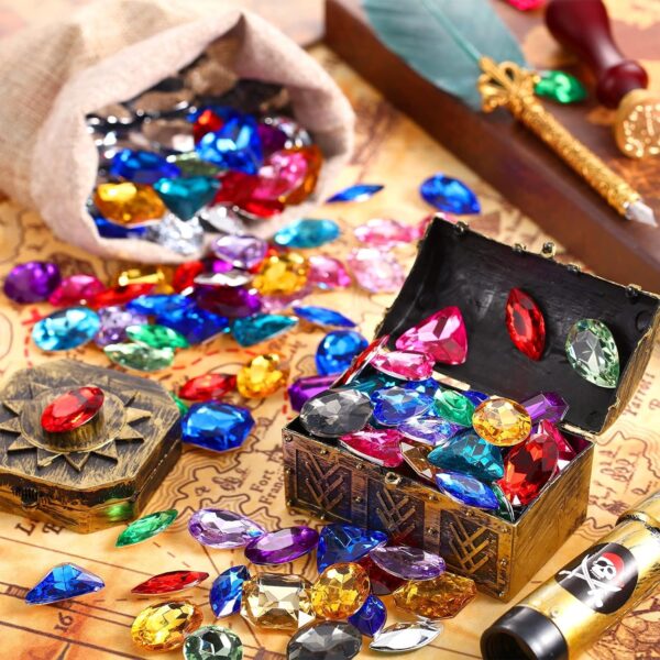 Hicarer 100 Pieces Toy Gems Pirate Treasure Jewels Fake Acrylic Gems Multicolor Bling Diamonds Plastic Gemstones with a Drawstring Bag for Party Table Decorations Pirate Party Favors - Image 7