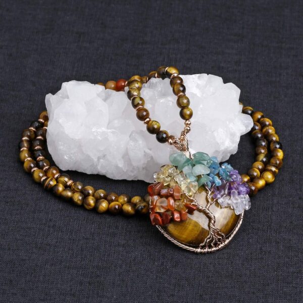Top Plaza 7 Chakra Healing Crystal Natural Round Gemstone Pendant Necklace Life Tree Copper Wire Wrapped Beads Necklaces Reiki Jewelry for Women - Image 3