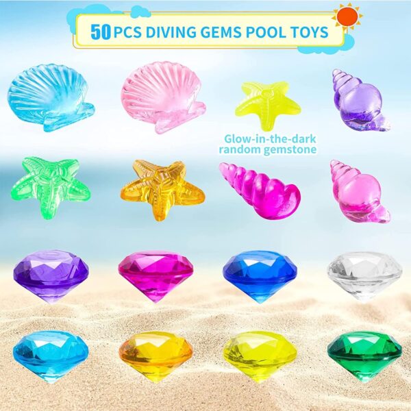 50 pcs Diving Gem Pool Toy, Gem with Treasure Pirate Chest Box Summer Underwater Acrylic Gemstones Set Underwater Swimming Toy for Pool Use Treasures Gift Sets for Kids Party Favors (Multicolor) - Image 3