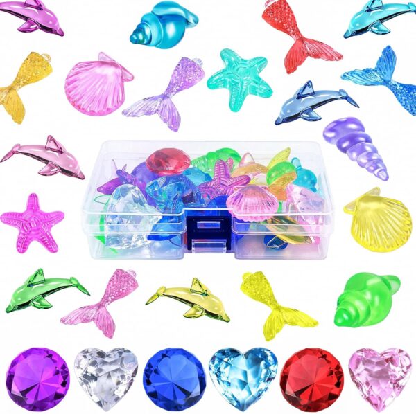 GraGra Diving Gem Pool Toys, 26 Pcs Pool Toys Diving Gems Ocean Theme Colorful Acrylic Diamond Gemstones Marine Animals Gem Underwater Swimming Dive Throw Toy for Kids with Storage Box - Image 2