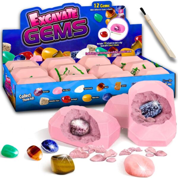 AYEBIA Gemstone Dig Kit - 12 Real Gemstone & Crystal Kids Gems Digging Kit Mineral & Rock Collection for Kids Archaeology Geology Science Educational Gift STEM Toys for Boys & Girls - Image 2