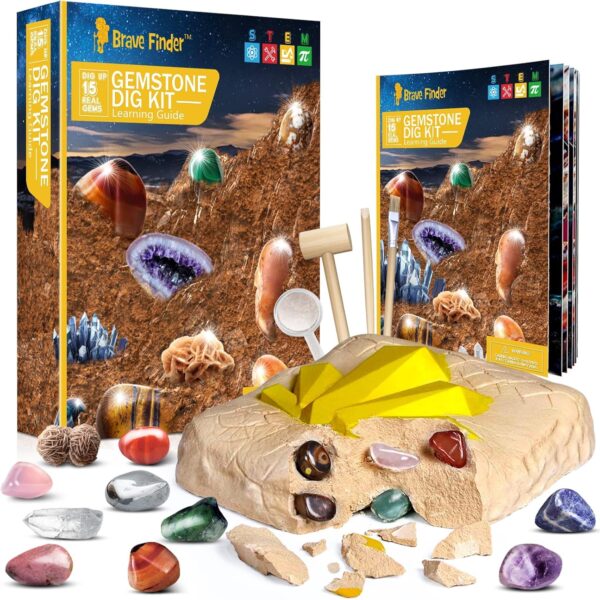 Gemstone Digging Kit, STEM Educational Toys DIY Science Kits Real Gemstone Discovery Rocks and Minerals Exploration Game Archaeology Playset Unique Educational Presents for Boys Girls Kid Toys - Image 2