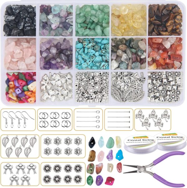 EuTengHao 933Pcs Irregular Chips Stone Beads Natural Gemstone Beads Kit with Earring Hooks Spacer Beads Pendants Charms Jump Rings for DIY Jewelry Necklace Bracelet Earring Making Supplies - Image 2