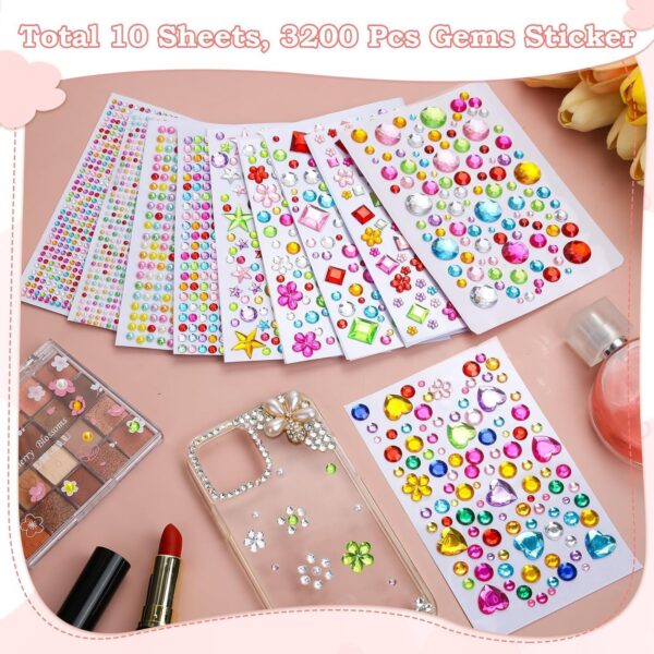 3200 Pcs Gems Stickers for Kids Crafts, 10 Sheets Self Adhesive Gems Jewels Stickers for Crafts, Bling Gemstone Stickers Decorative Diamond for Makeup & DIY, Muti Colors, Shapes, Sizes (3200pcs) - Image 4
