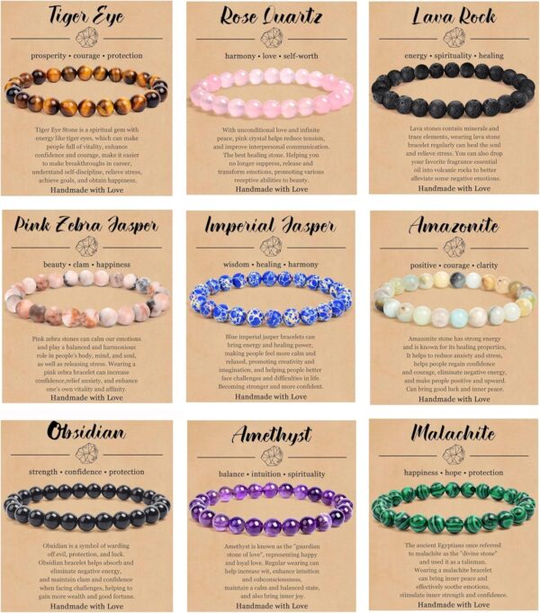 SYOSI 9PCS Crystal Bracelets - 8mm Gemstone Beaded Bracelets, Round Gemstones Stretch Bracelet, Conquer Fear, Yoga Bracelets Jewelry Gifts Precious Bracelets Unisex - Image 2