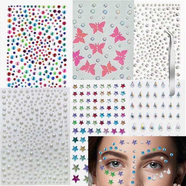 Larfraecy 6-Style Face Gem Sticker Set with Tweezers Gemstones Temporary Tattoos Glitter Stones Face Gemstones Acrylic for DIY, Make-up, Parties and Crafts - Image 4