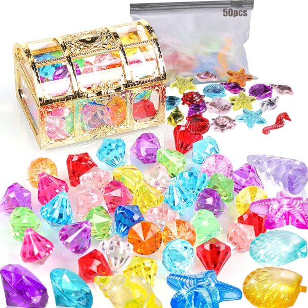 50 pcs Diving Gem Pool Toy, Gem with Treasure Pirate Chest Box Summer Underwater Acrylic Gemstones Set Underwater Swimming Toy for Pool Use Treasures Gift Sets for Kids Party Favors (Multicolor) - Image 2