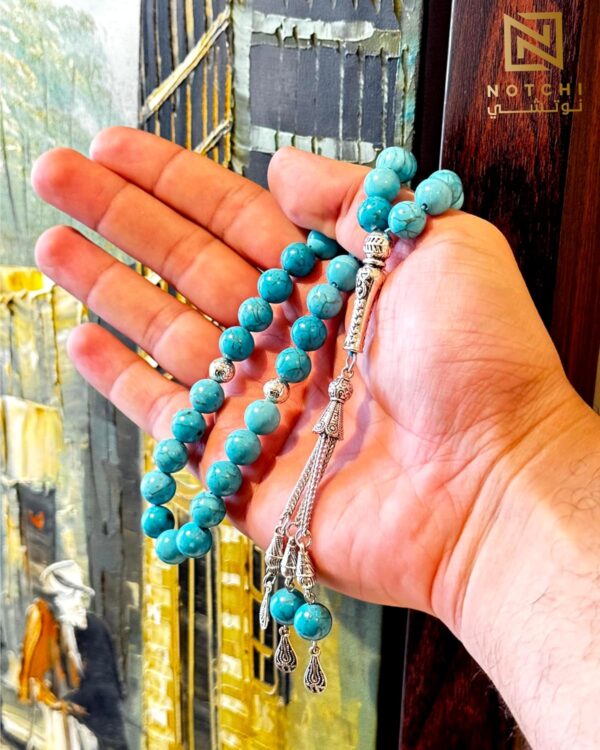 Natural Turquoise Gemstone Rosary 33 Beads Size 10 mm, Decorated With Rhodium Plated Karkosha - Image 4