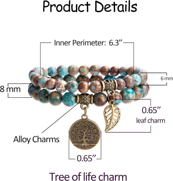 Natural Semi Precious Gemstone Beads Bracelet for Women - Tree of Life and Leaf Charm Chakra Energy Healing Anxiety Stretch Bracelets - Image 4