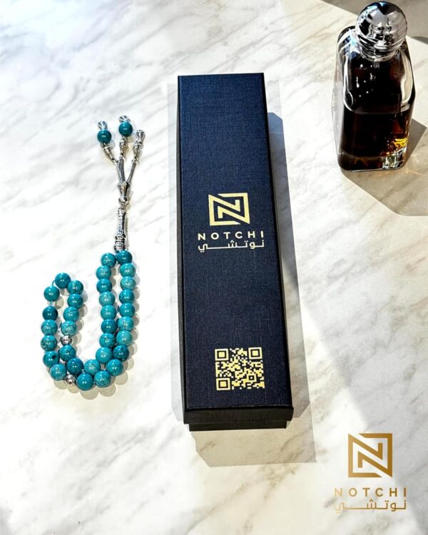 Natural Turquoise Gemstone Rosary 33 Beads Size 10 mm, Decorated With Rhodium Plated Karkosha - Image 5