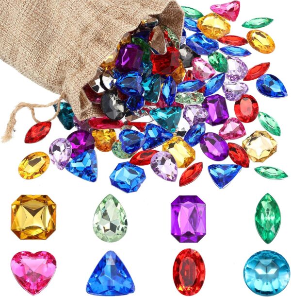 Hicarer 100 Pieces Toy Gems Pirate Treasure Jewels Fake Acrylic Gems Multicolor Bling Diamonds Plastic Gemstones with a Drawstring Bag for Party Table Decorations Pirate Party Favors - Image 2