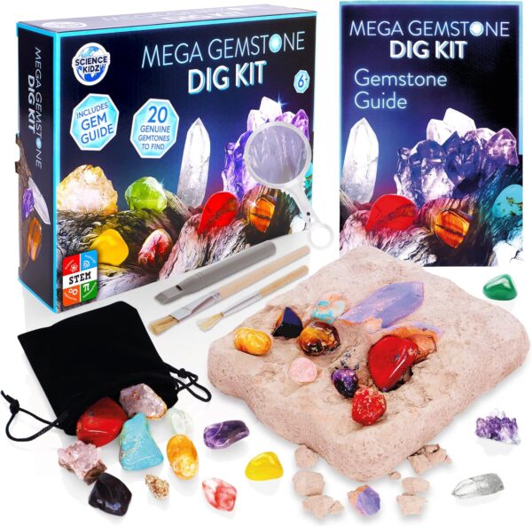Science Kidz Mega Gemstone Dig Kit - 20 Real Life Gems & Crystals - Gemstones Excavation Kits For Kids - Gem Stones Digging Kit Set - Dig For Gems, Stones, Crystals & Rocks - Image 2