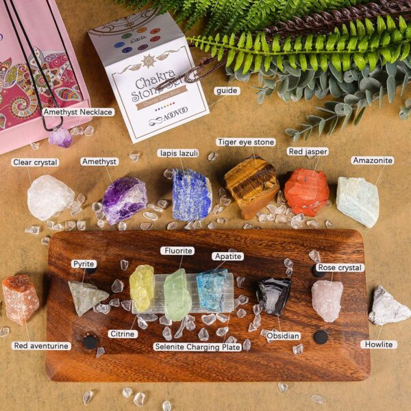 TERRIFI 17Pcs Crystals and Healing Stones, 14Pcs Real Raw Chakra Stones Set, Selenite Charging Plate, Amethyst Necklace, Rose Quartz, Gift Box, Guide for Beginners, Collection, Meditation, Yoga, Lady - Image 8